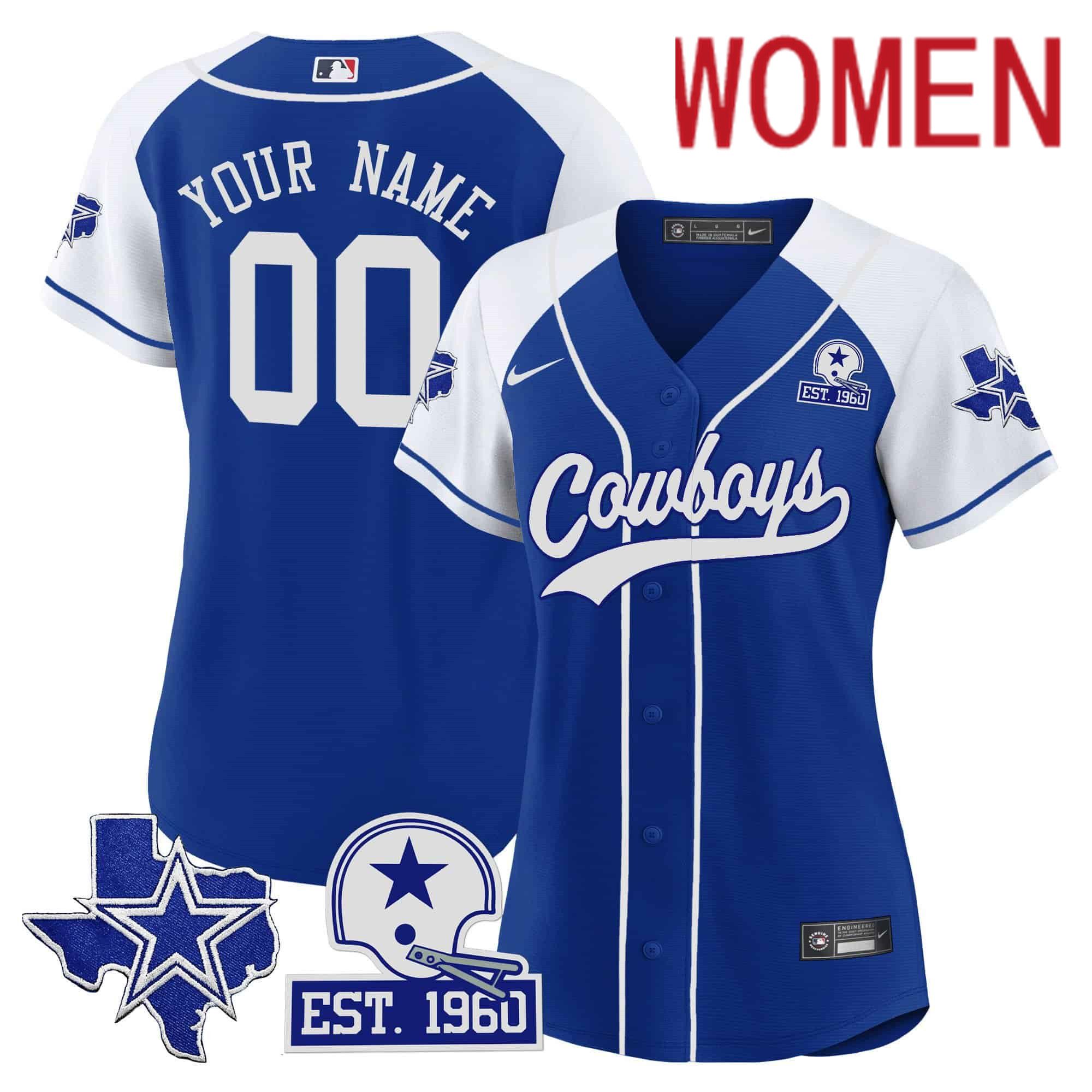 Women Dallas Cowboys Blue 2024 Nike Patch Baseball Custom NFL Jersey style 1->women nfl jersey->Women Jersey